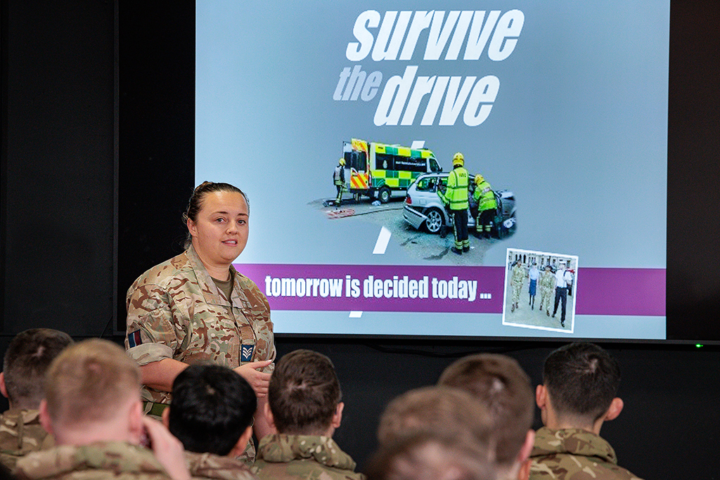 Photo: Sergeant Grogan presenting Survive the Drive brief